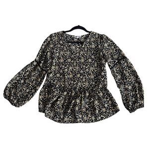 Pleione Black Floral Peplum Blouse with Cream Flowers